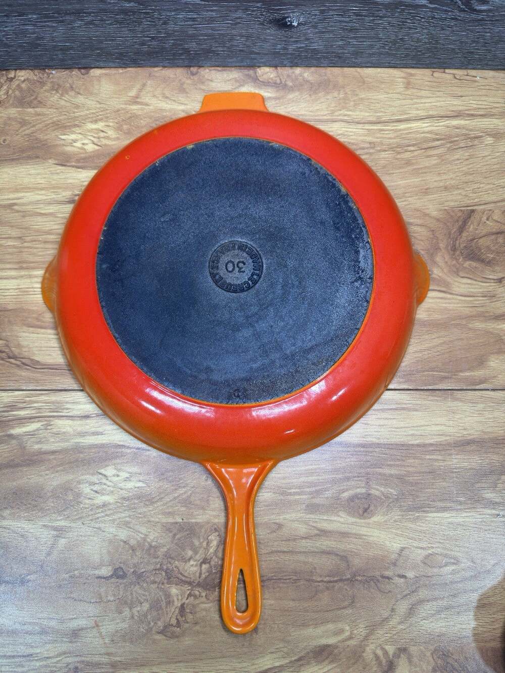 Le Creuset #30 Orange Flame Enamel 12" Cast Iron 2 Spout Fry Skillet Oven Safe